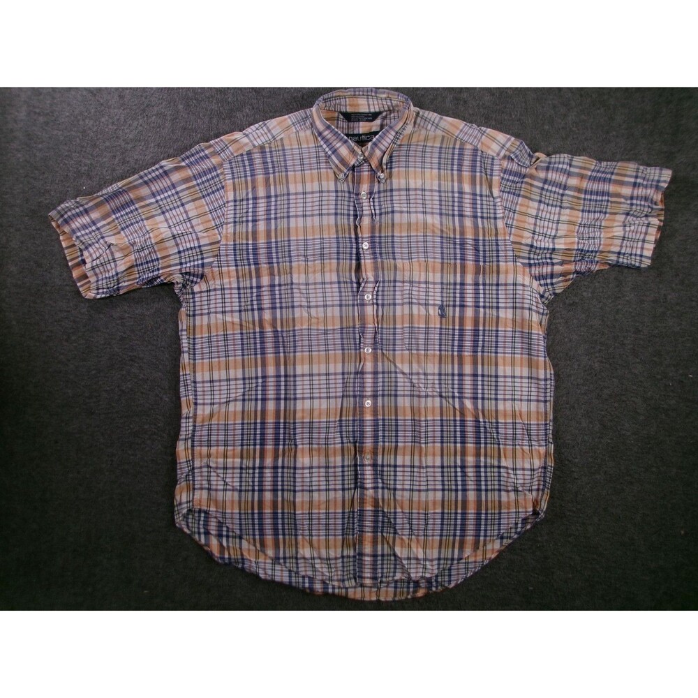 Nautica Shirt Mens L Short Sleeve Button Down Plaid Cotton Pocket Logo Casual
